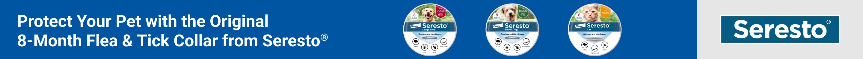 Sponsored Advertisement for Elanco. Protect your pet with the original 8-month flea & tick collar from Seresto. CTA